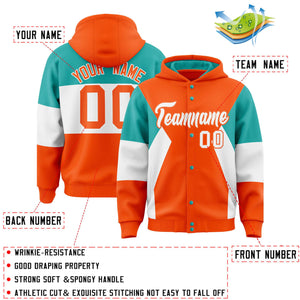 Custom Orange Aqua-White Color Block Varsity Full-Snap Letterman Hoodie Jacket