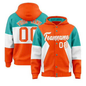 Custom Orange Aqua-White Color Block Varsity Full-Snap Letterman Hoodie Jacket