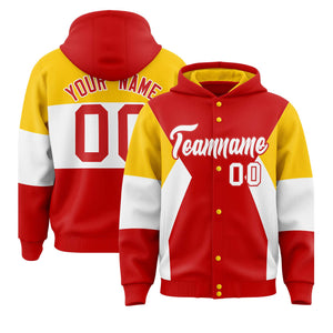 Custom Red Gold-White Color Block Varsity Full-Snap Letterman Hoodie Jacket