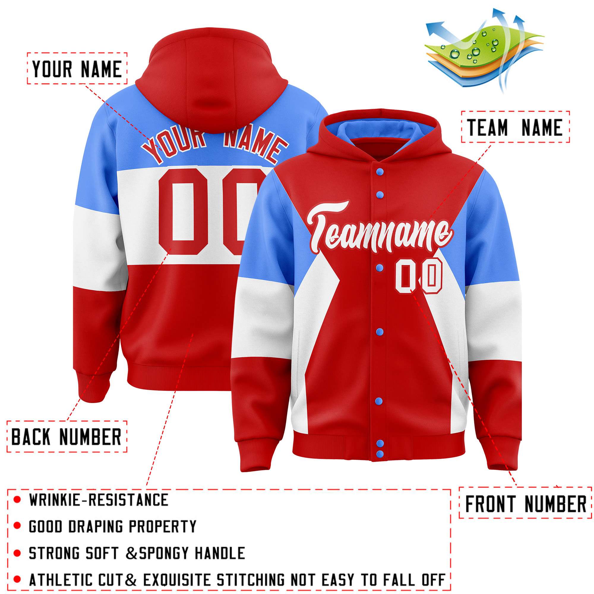 Custom Red Powder Blue-White Color Block Varsity Full-Snap Letterman Hoodie Jacket