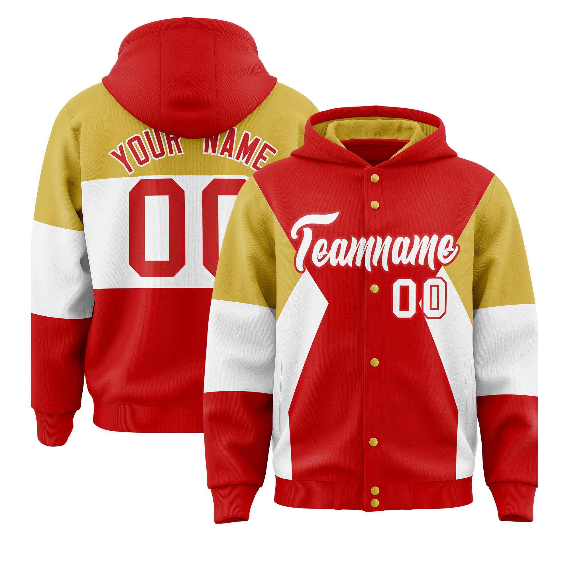 Custom Red Old Gold-White Color Block Varsity Full-Snap Letterman Hoodie Jacket