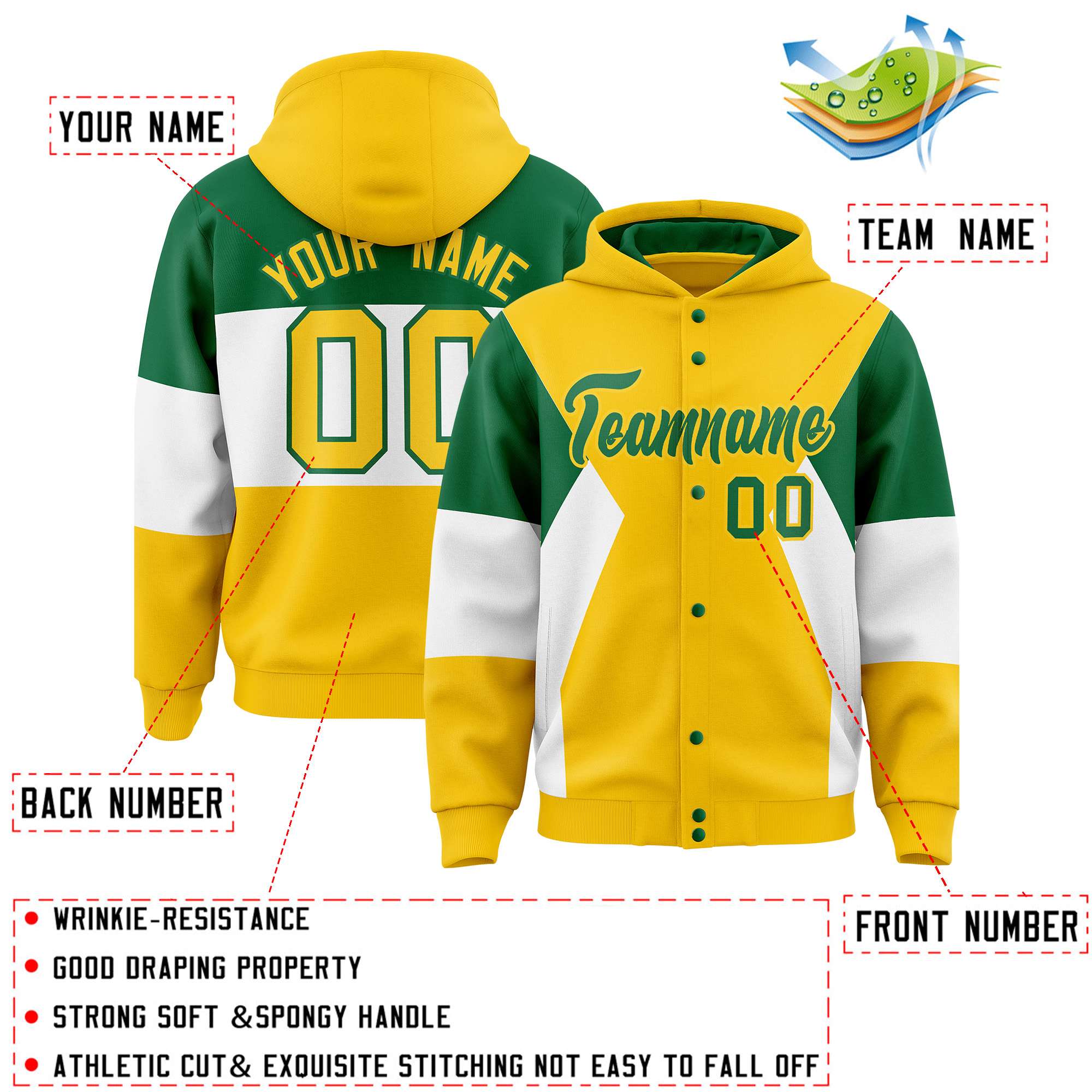 Custom Gold Kelly Green-White Color Block Varsity Full-Snap Letterman Hoodie Jacket