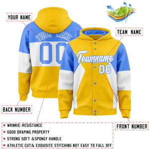 Custom Gold Powder Blue-White Color Block Varsity Full-Snap Letterman Hoodie Jacket