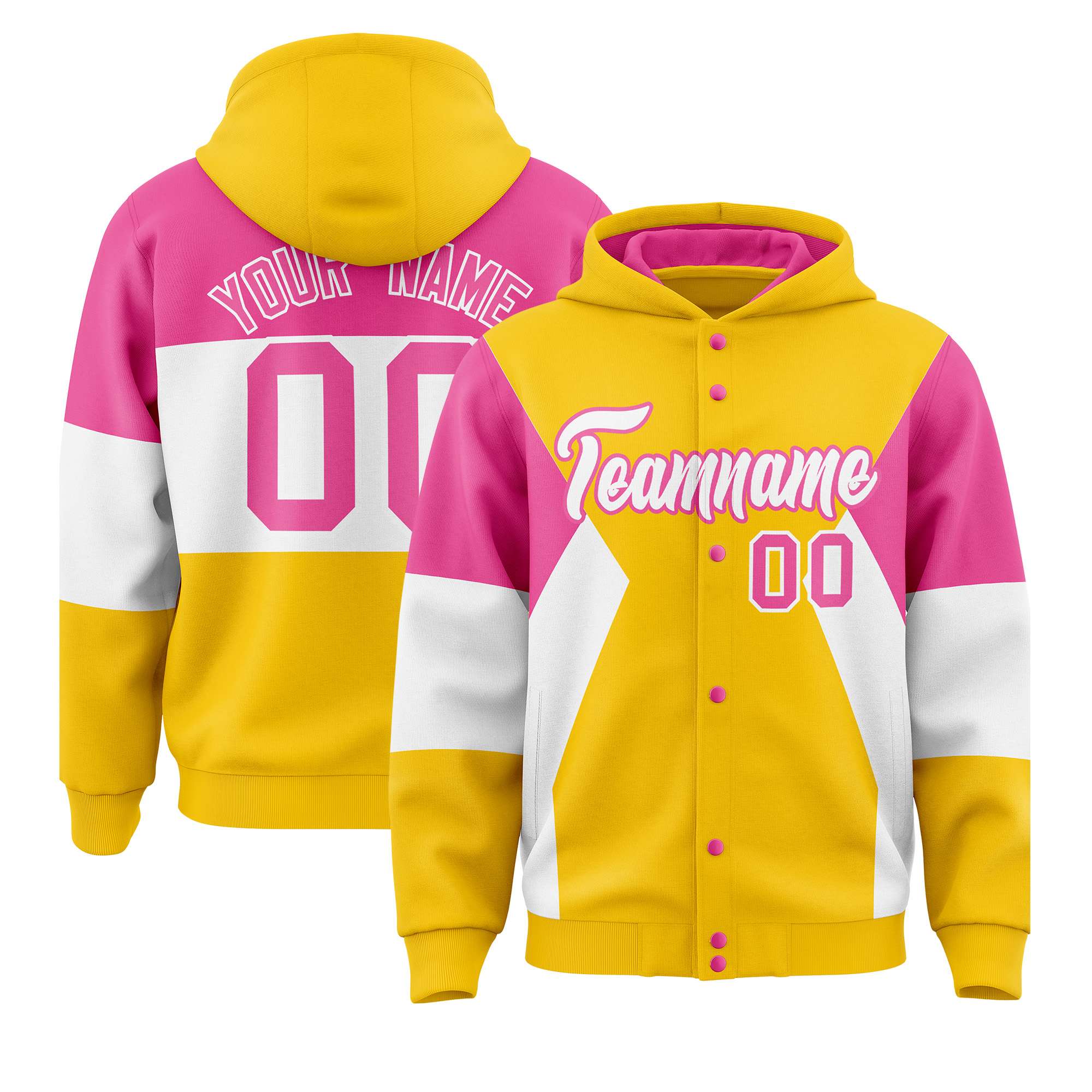 Custom Gold Pink-White Color Block Varsity Full-Snap Letterman Hoodie Jacket