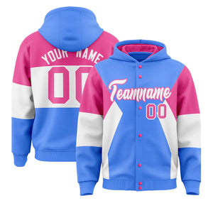 Custom Powder Blue Pink-White Color Block Varsity Full-Snap Letterman Hoodie Jacket