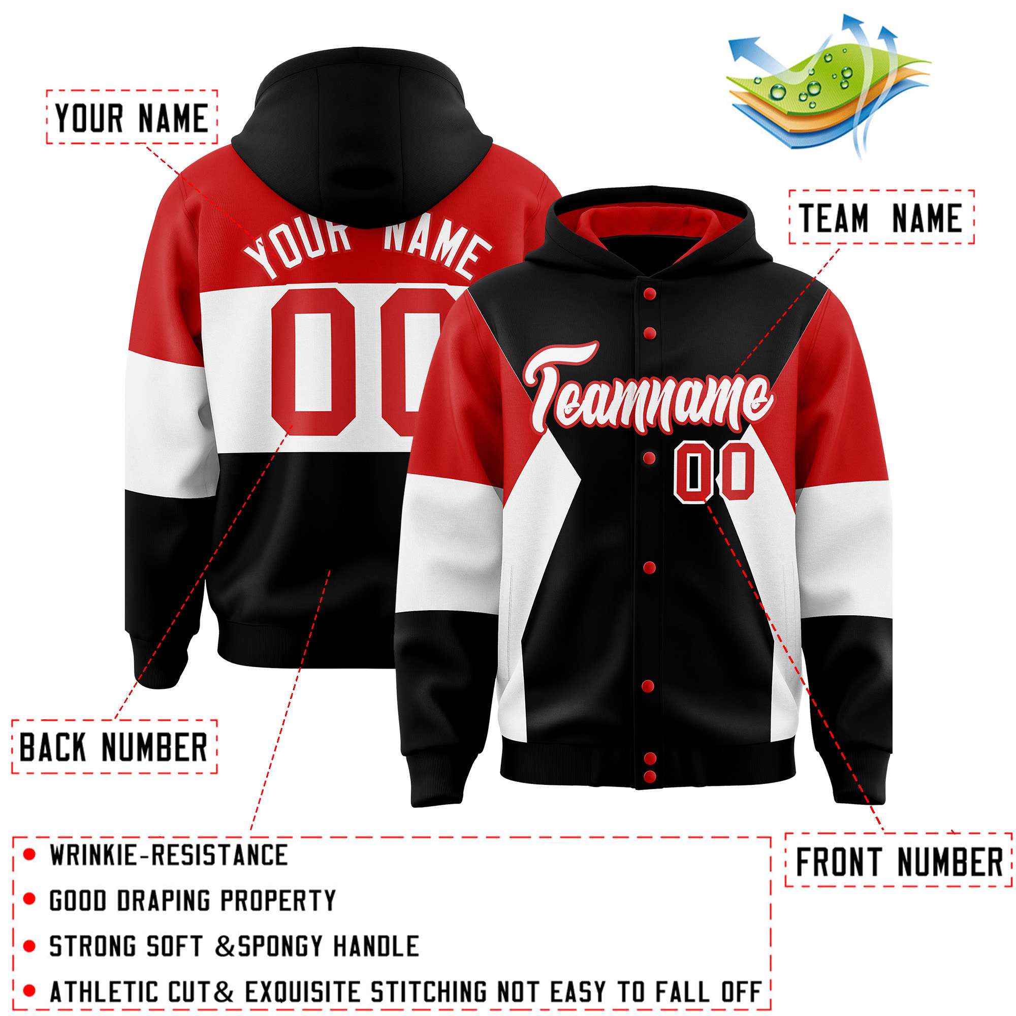 Custom Black Red-White Color Block Varsity Full-Snap Letterman Hoodie Jacket