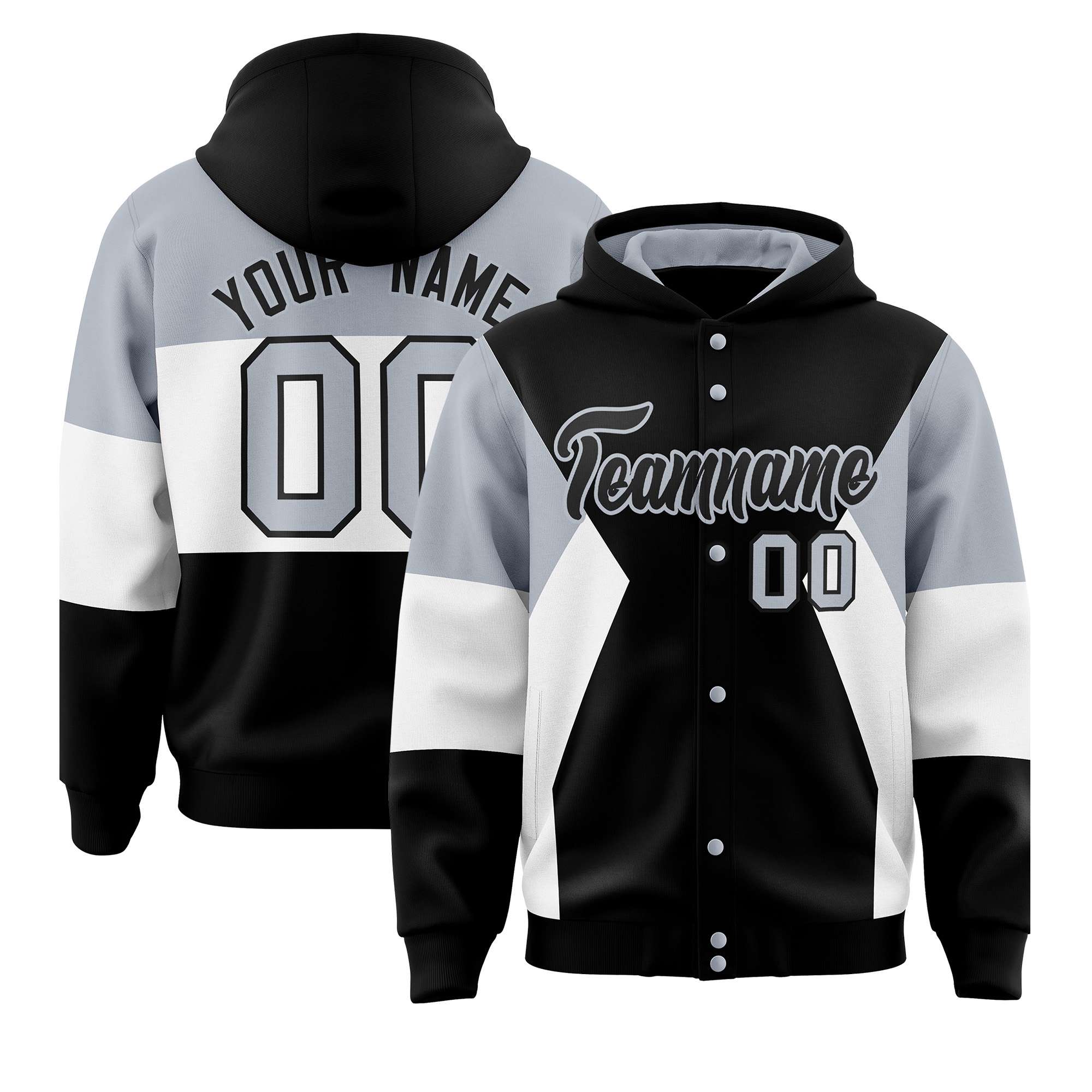 Custom Black Silver-White Color Block Varsity Full-Snap Letterman Hoodie Jacket