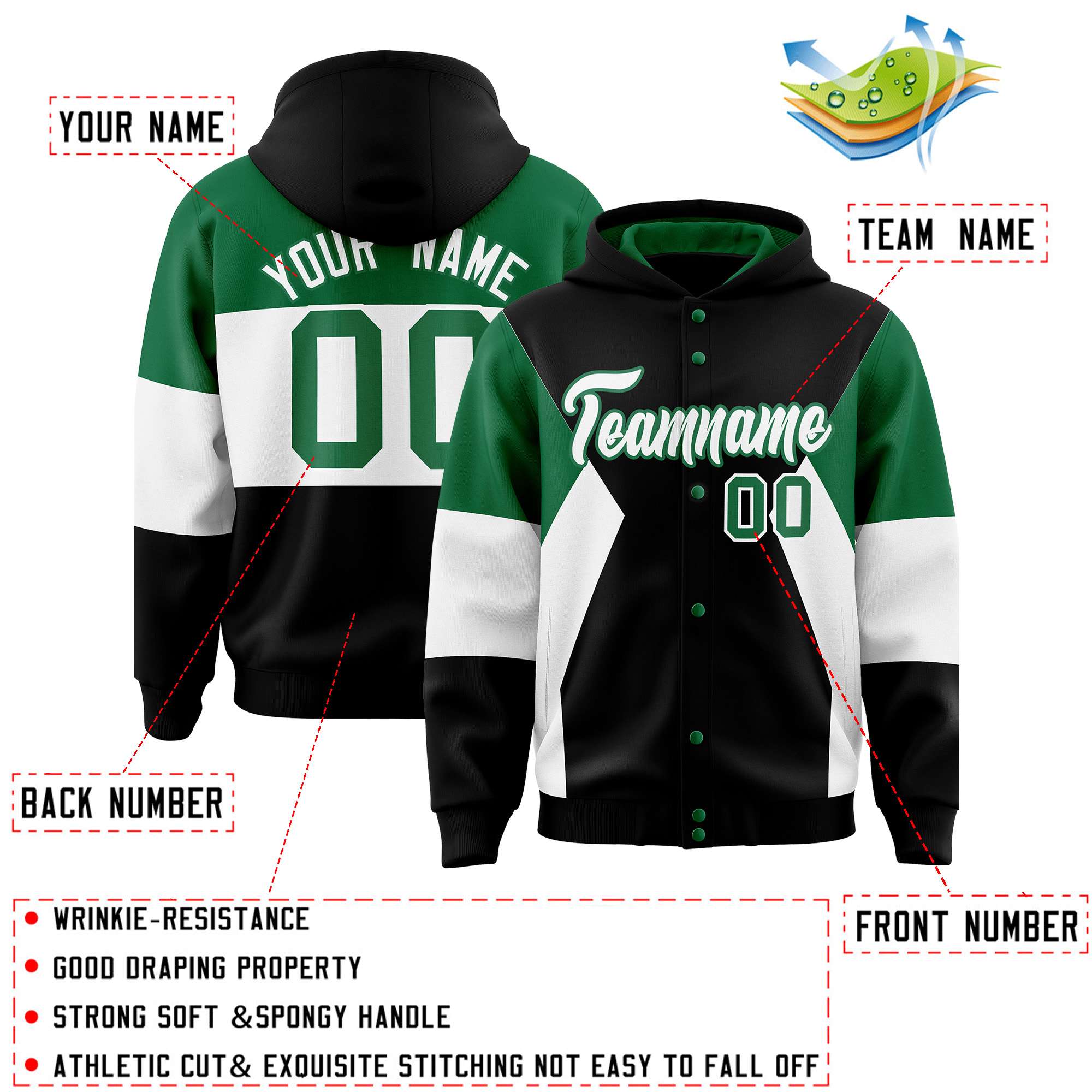 Custom Black Kelly Green-White Color Block Varsity Full-Snap Letterman Hoodie Jacket