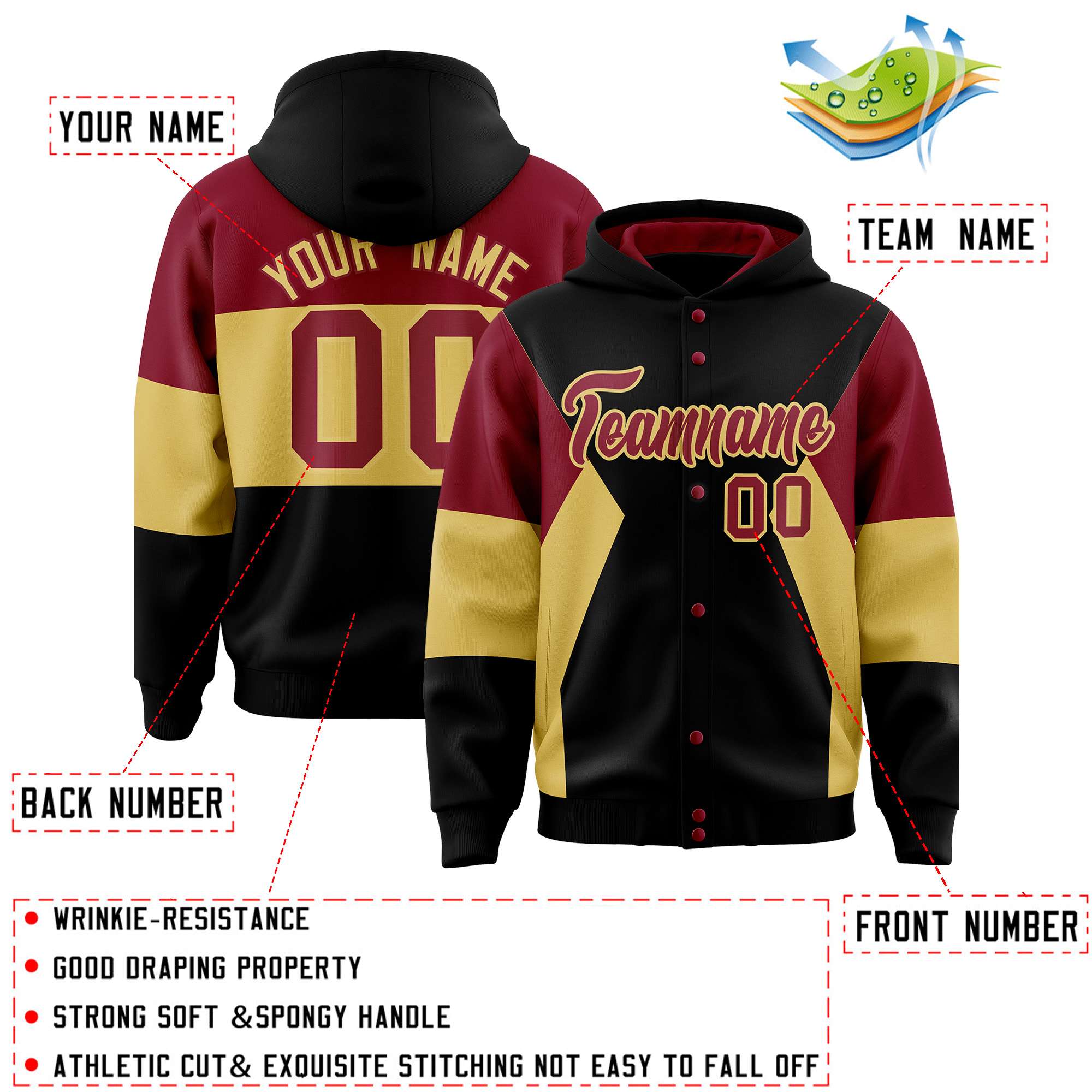 Custom Black Crimson-Khaki Color Block Varsity Full-Snap Letterman Hoodie Jacket