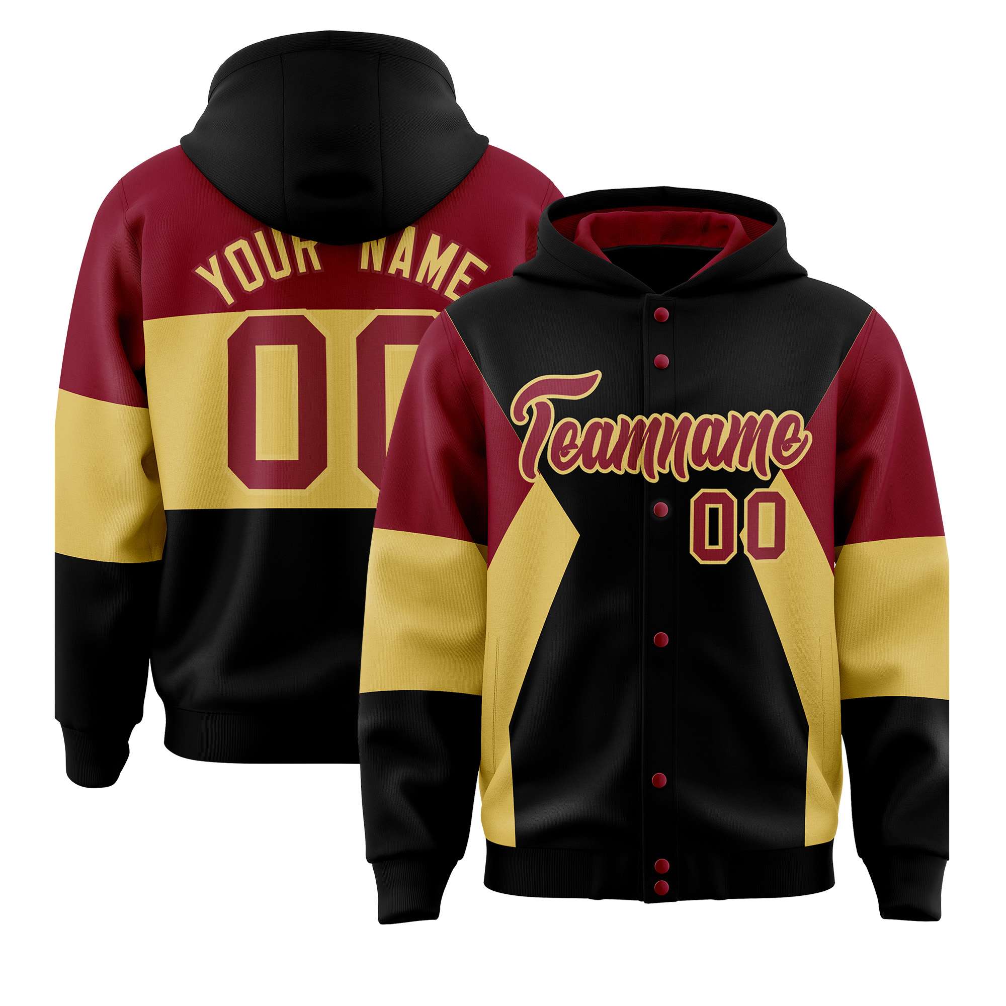 Custom Black Crimson-Khaki Color Block Varsity Full-Snap Letterman Hoodie Jacket