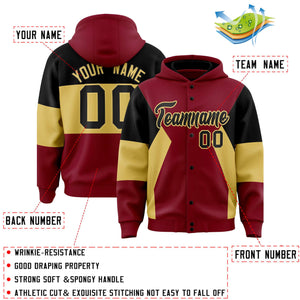 Custom Crimson Black-Khaki Color Block Varsity Full-Snap Letterman Hoodie Jacket