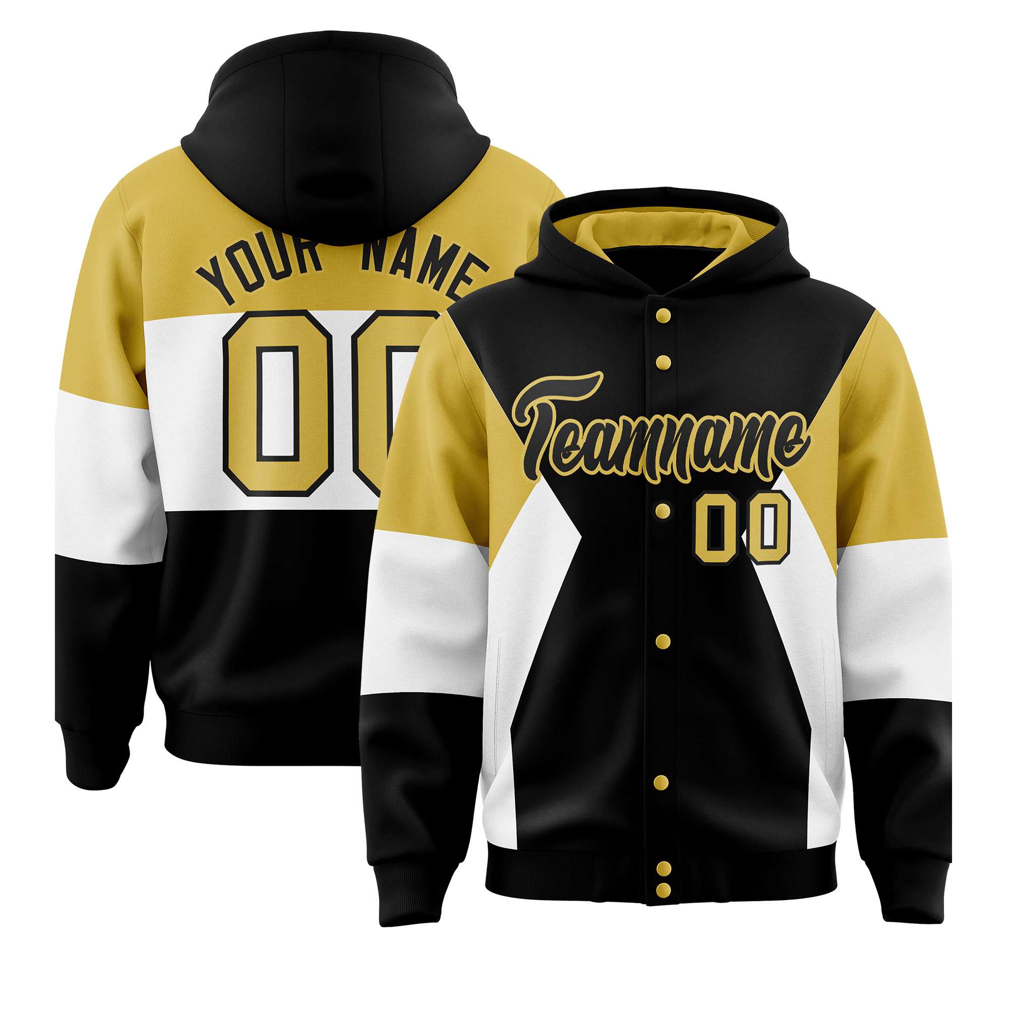 Custom Black Old Gold-White Color Block Varsity Full-Snap Letterman Hoodie Jacket