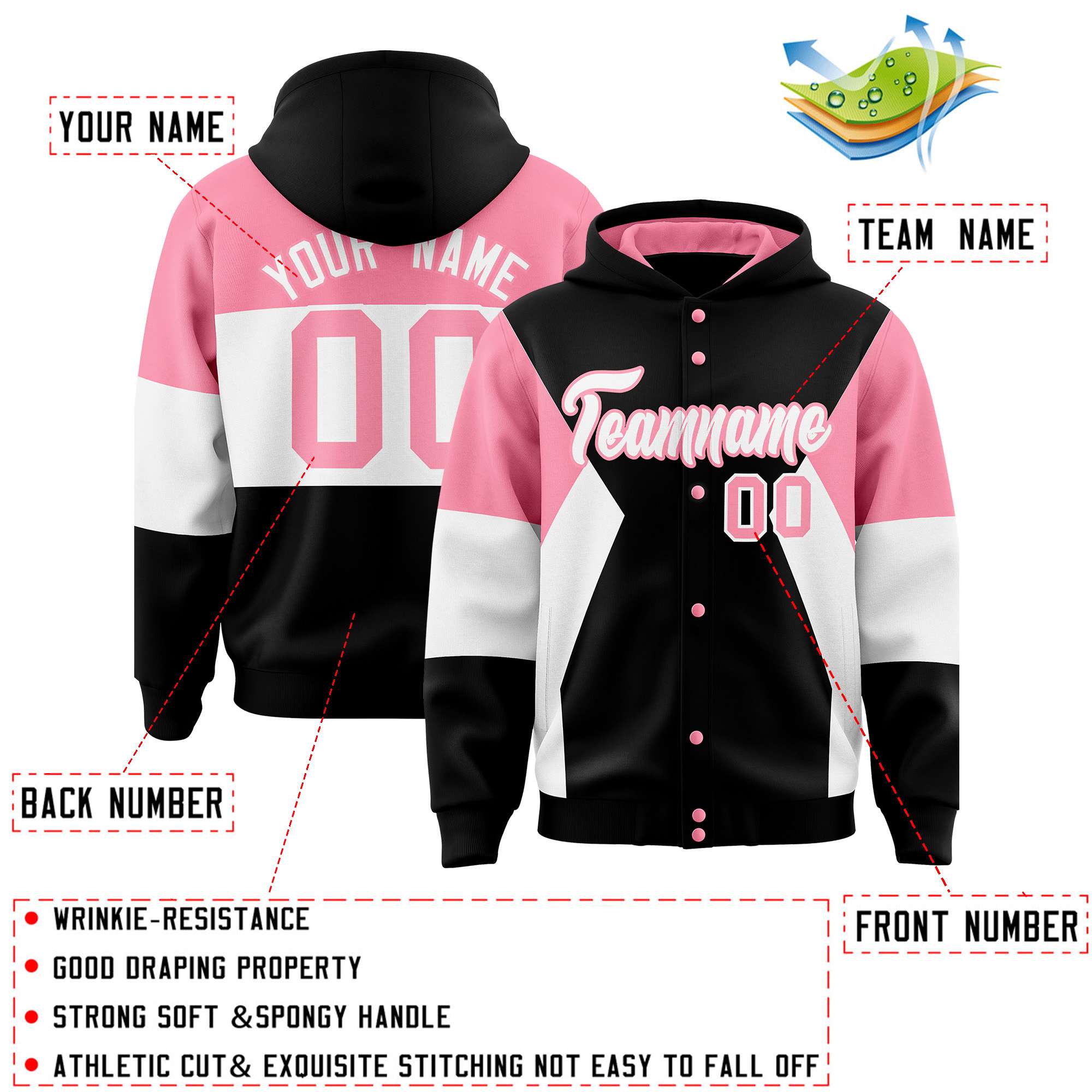 Custom Black Light Pink-White Color Block Varsity Full-Snap Letterman Hoodie Jacket