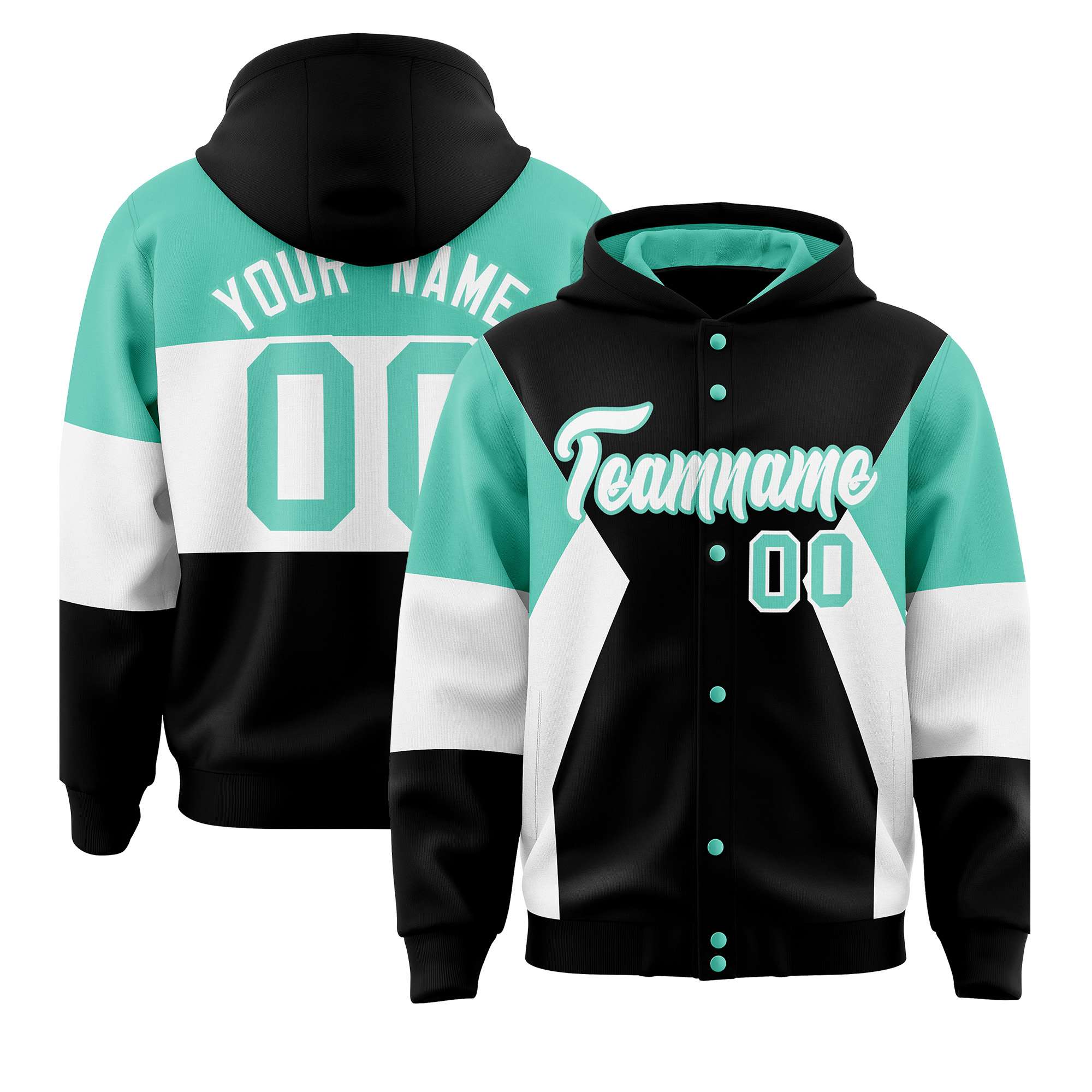 Custom Black Bright Green-White Color Block Varsity Full-Snap Letterman Hoodie Jacket