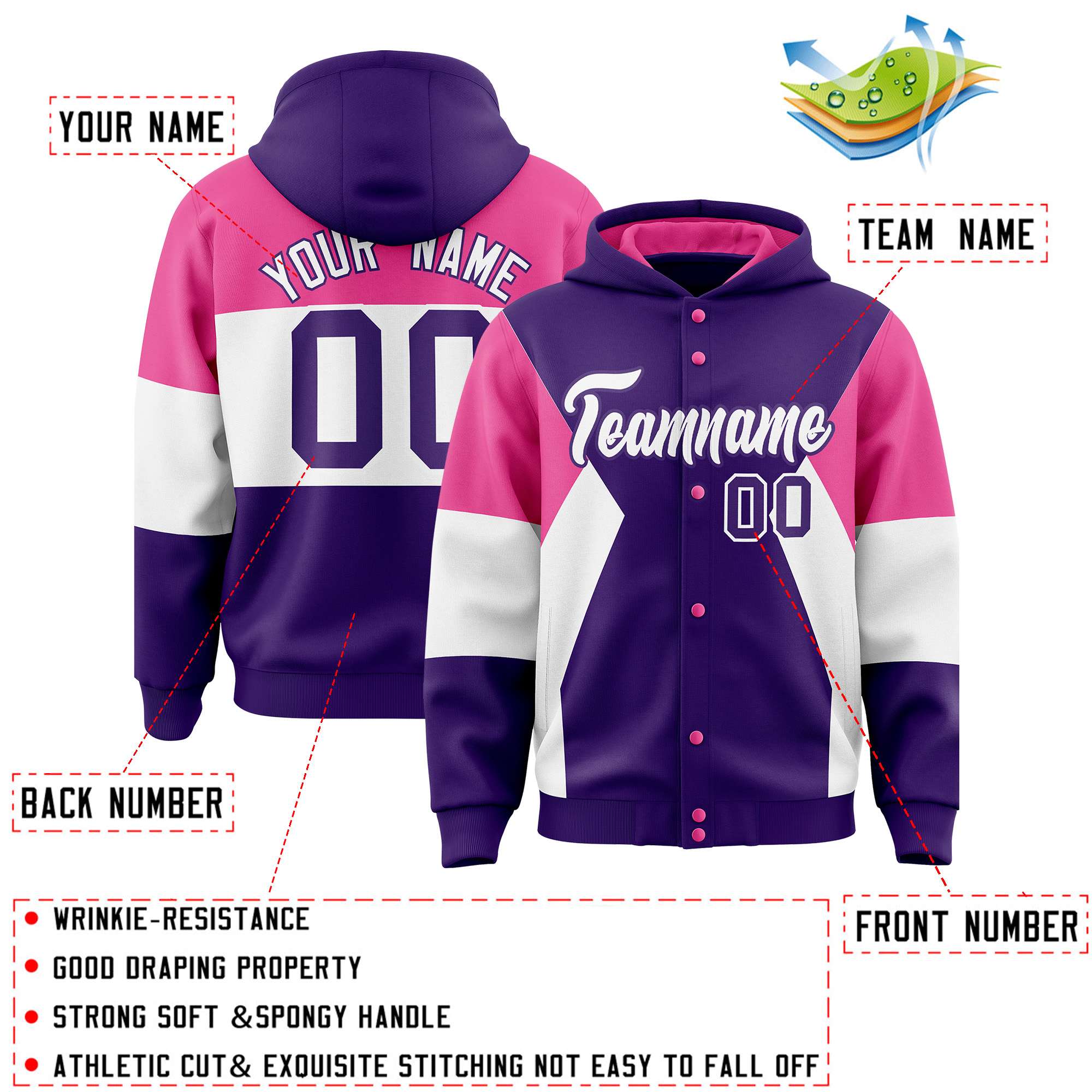 Custom Purple Pink-White Color Block Varsity Full-Snap Letterman Hoodie Jacket