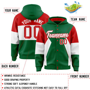 Custom Kelly Green Red-White Color Block Varsity Full-Snap Letterman Hoodie Jacket