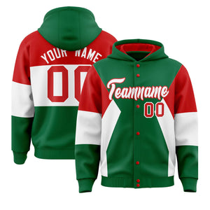 Custom Kelly Green Red-White Color Block Varsity Full-Snap Letterman Hoodie Jacket