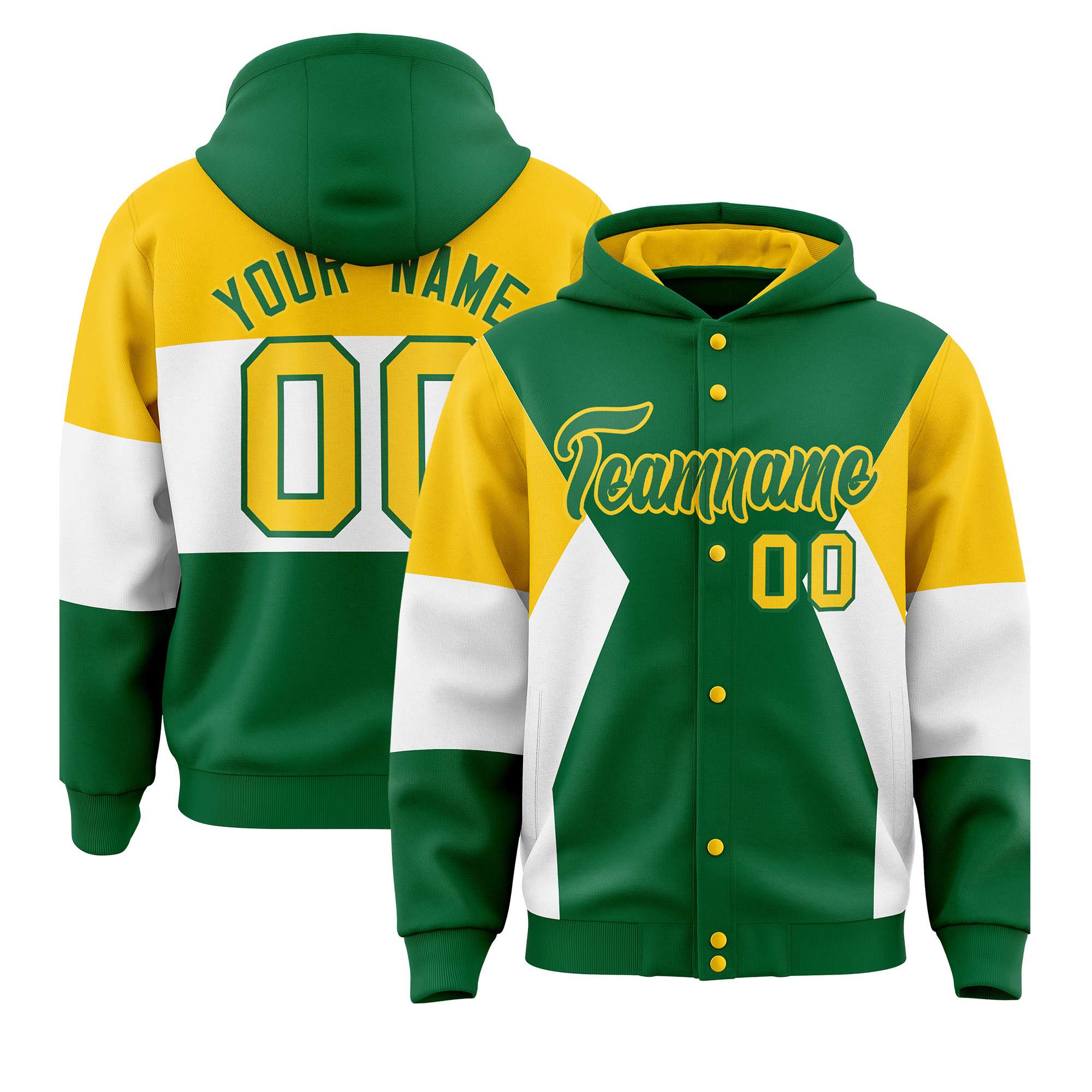 Custom Kelly Green Gold-White Color Block Varsity Full-Snap Letterman Hoodie Jacket