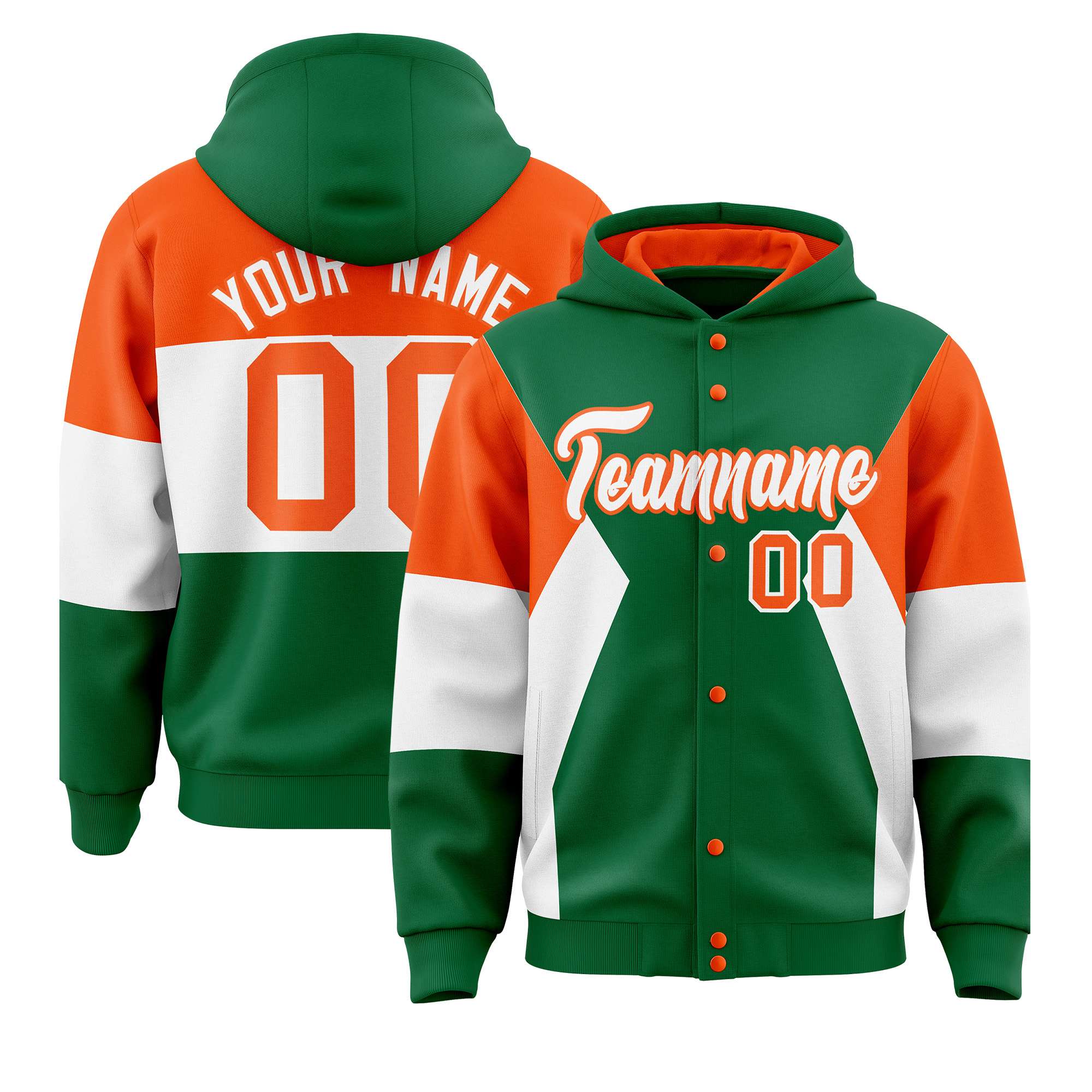 Custom Kelly Green Orange-White Color Block Varsity Full-Snap Letterman Hoodie Jacket