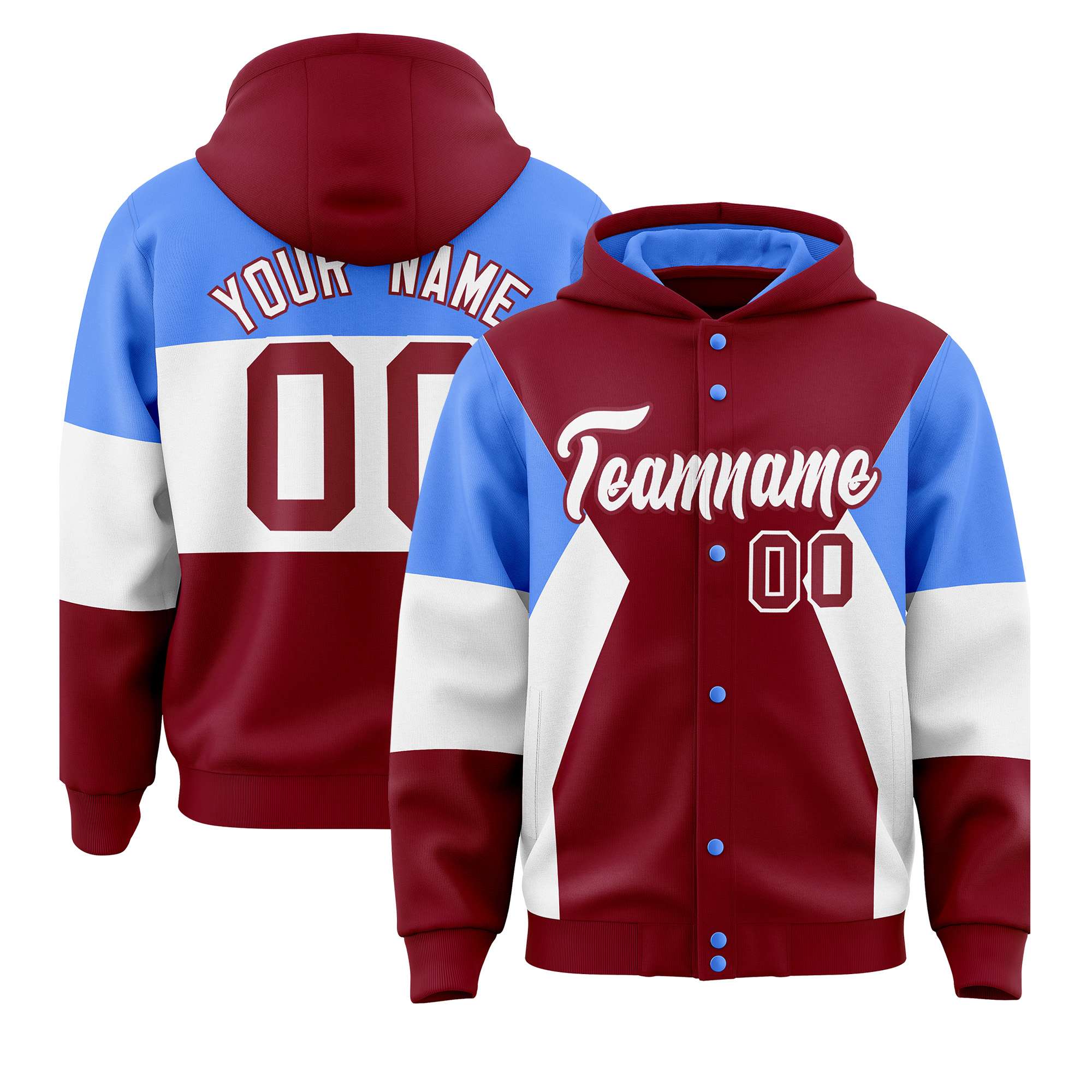 Custom Crimson Powder Blue-White Color Block Varsity Full-Snap Letterman Hoodie Jacket