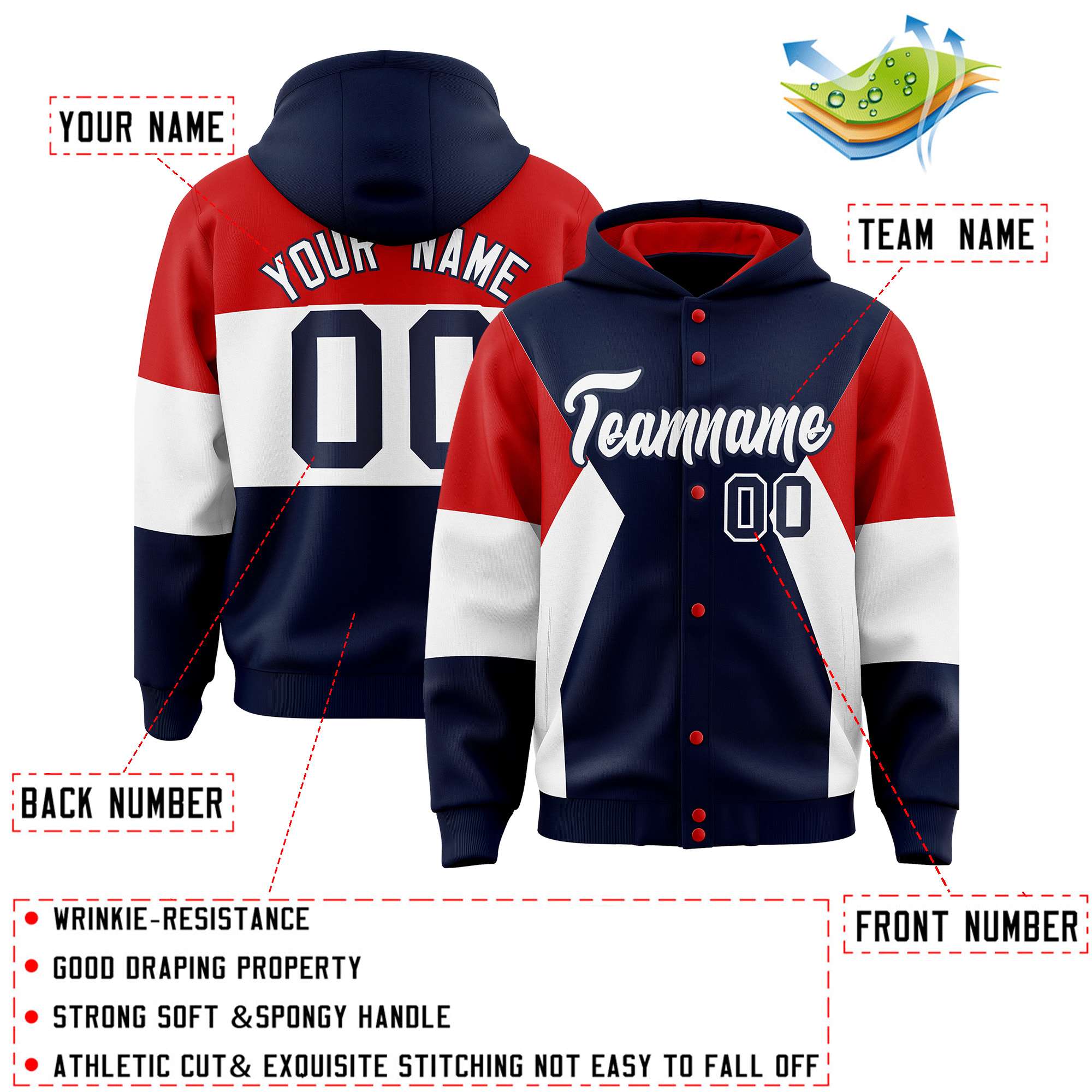 Custom Navy Red-White Color Block Varsity Full-Snap Letterman Hoodie Jacket