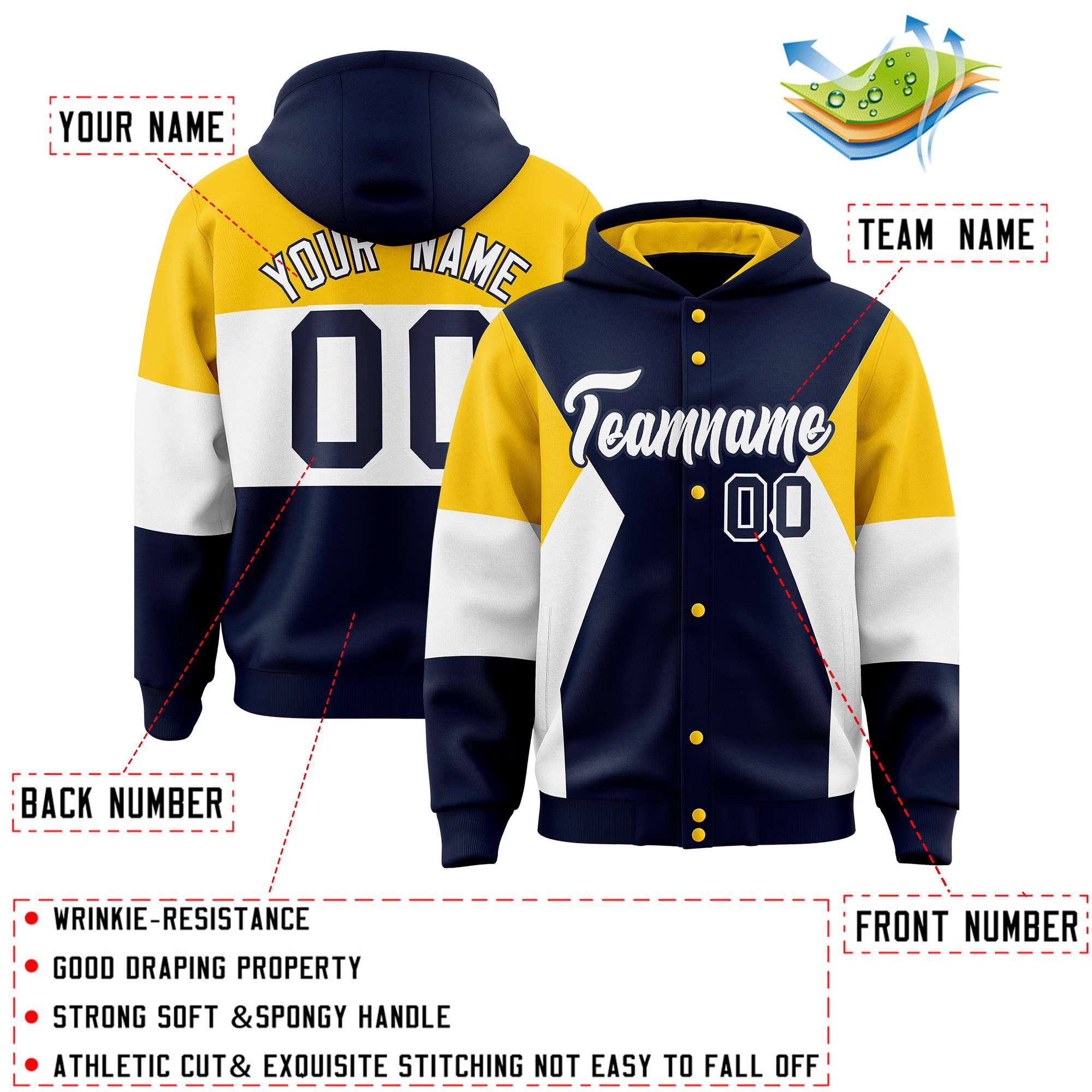 Custom Navy Gold-White Color Block Varsity Full-Snap Letterman Hoodie Jacket