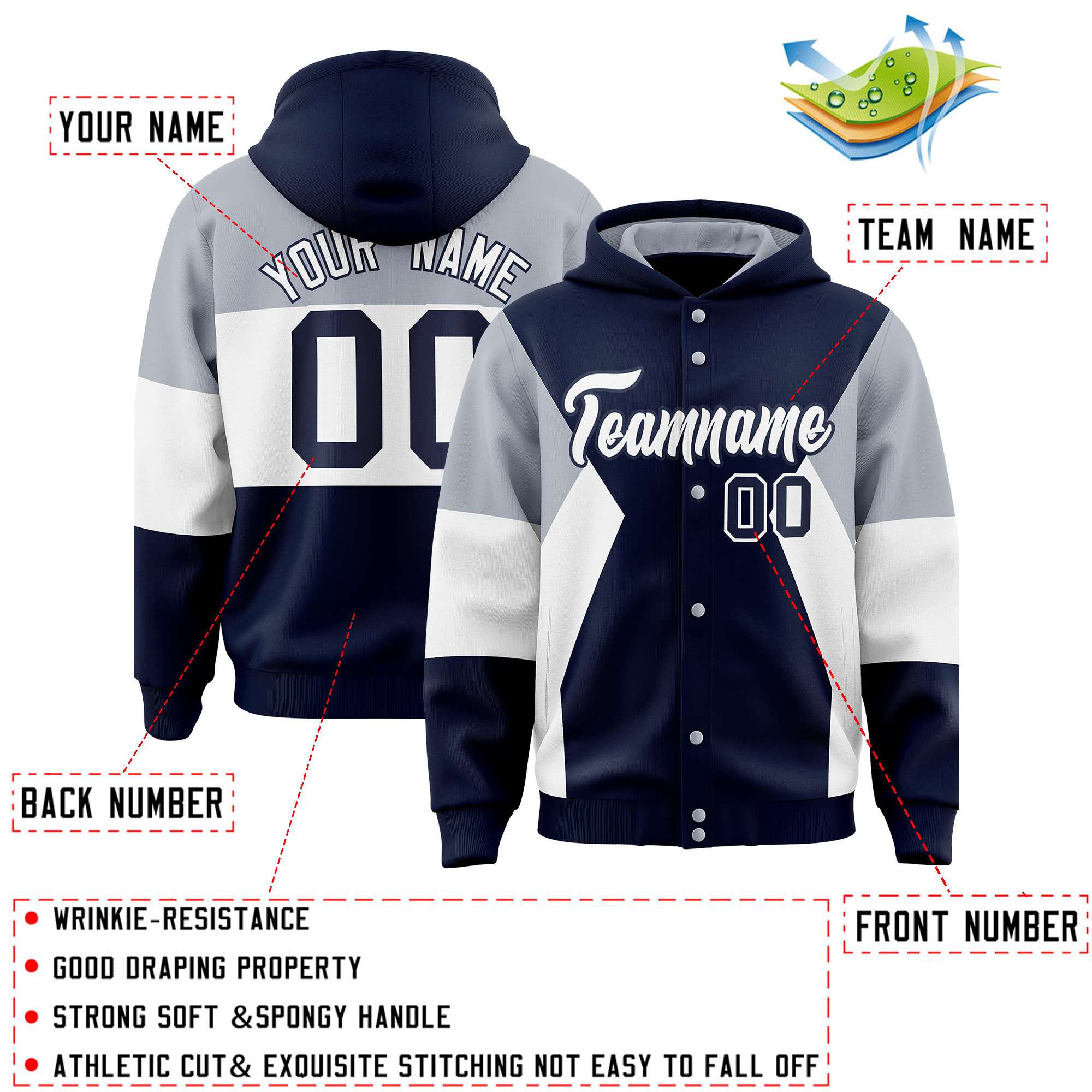 Custom Navy Silver-White Color Block Varsity Full-Snap Letterman Hoodie Jacket