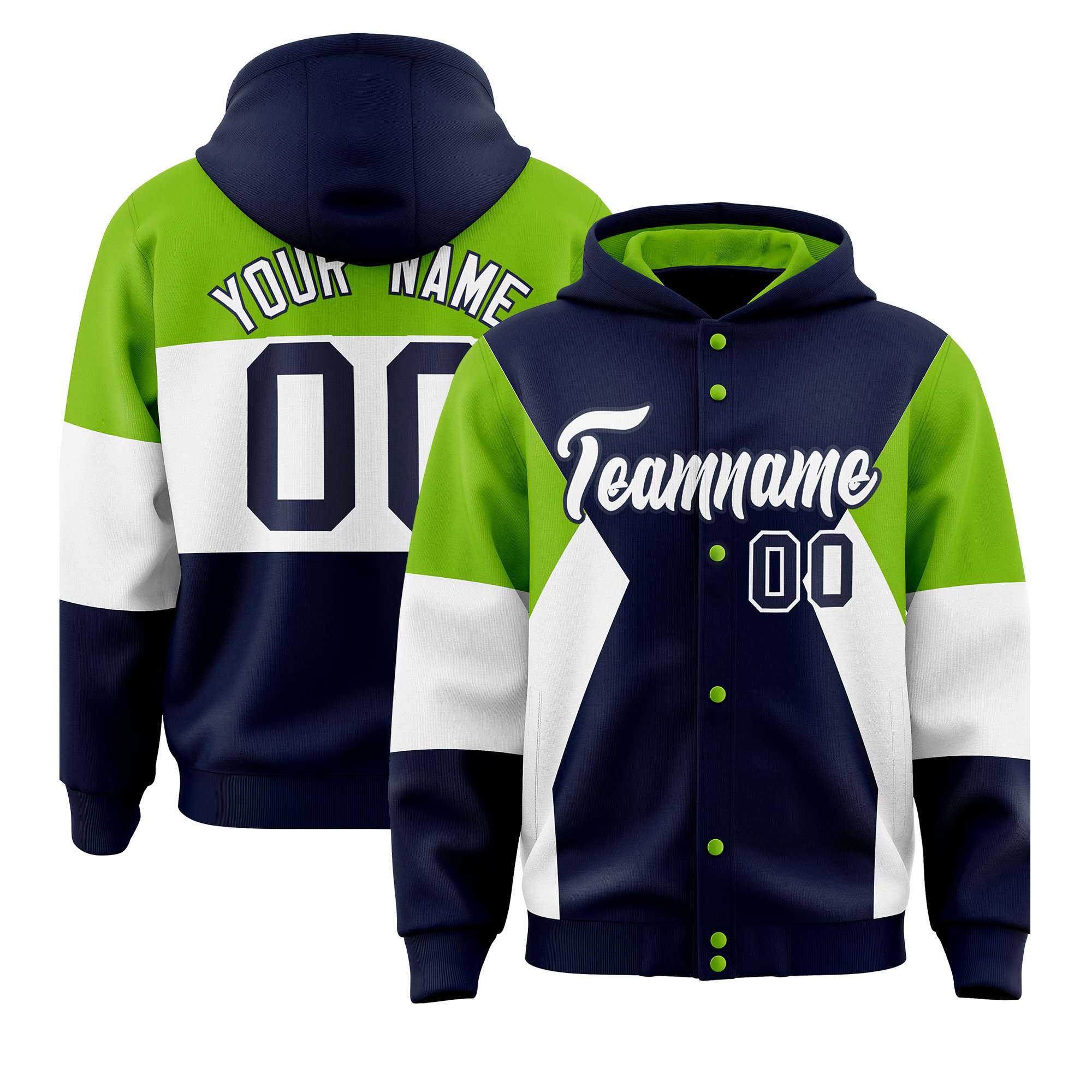 Custom Navy Neon Green-White Color Block Varsity Full-Snap Letterman Hoodie Jacket