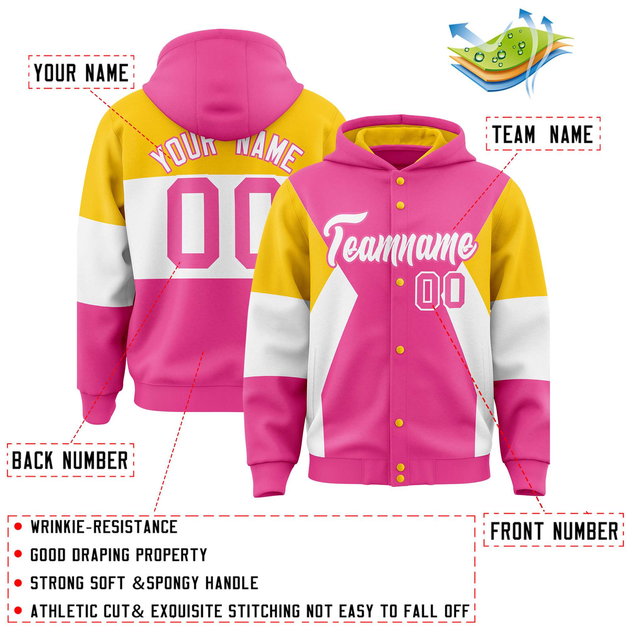 Custom Pink Gold-White Color Block Varsity Full-Snap Letterman Hoodie Jacket