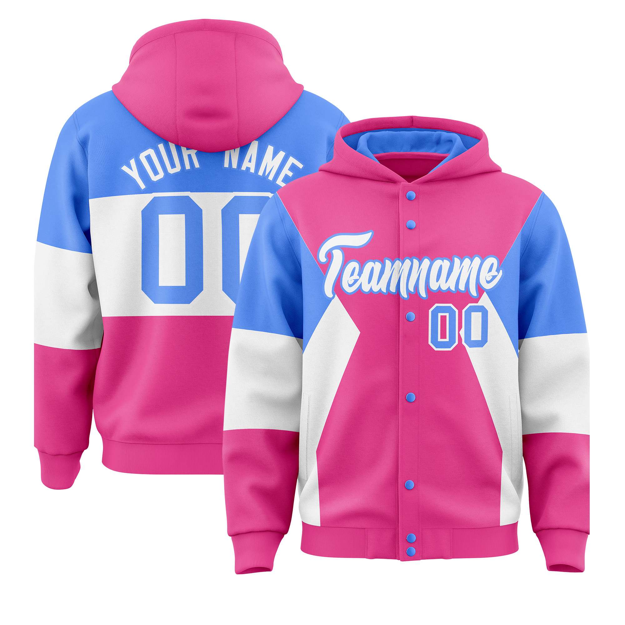 Custom Pink Powder Blue-White Color Block Varsity Full-Snap Letterman Hoodie Jacket