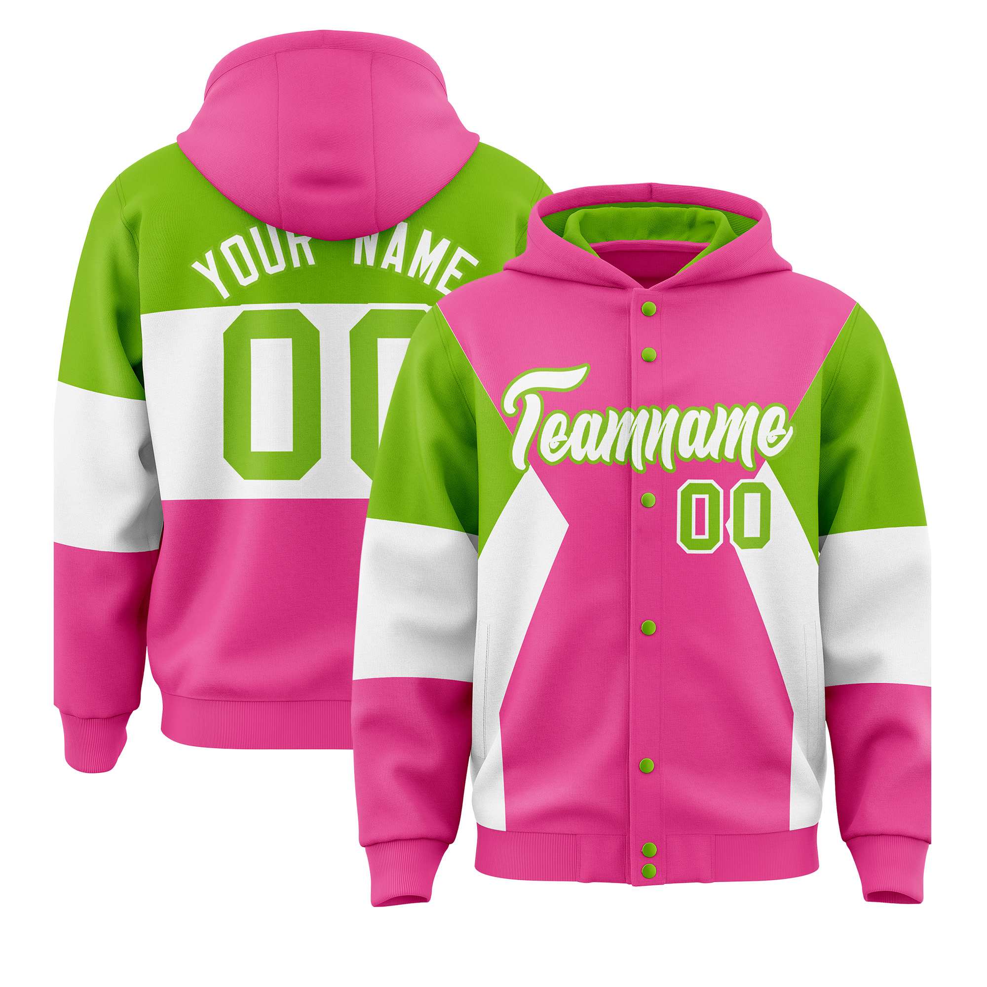 Custom Pink Neon Green-White Color Block Varsity Full-Snap Letterman Hoodie Jacket