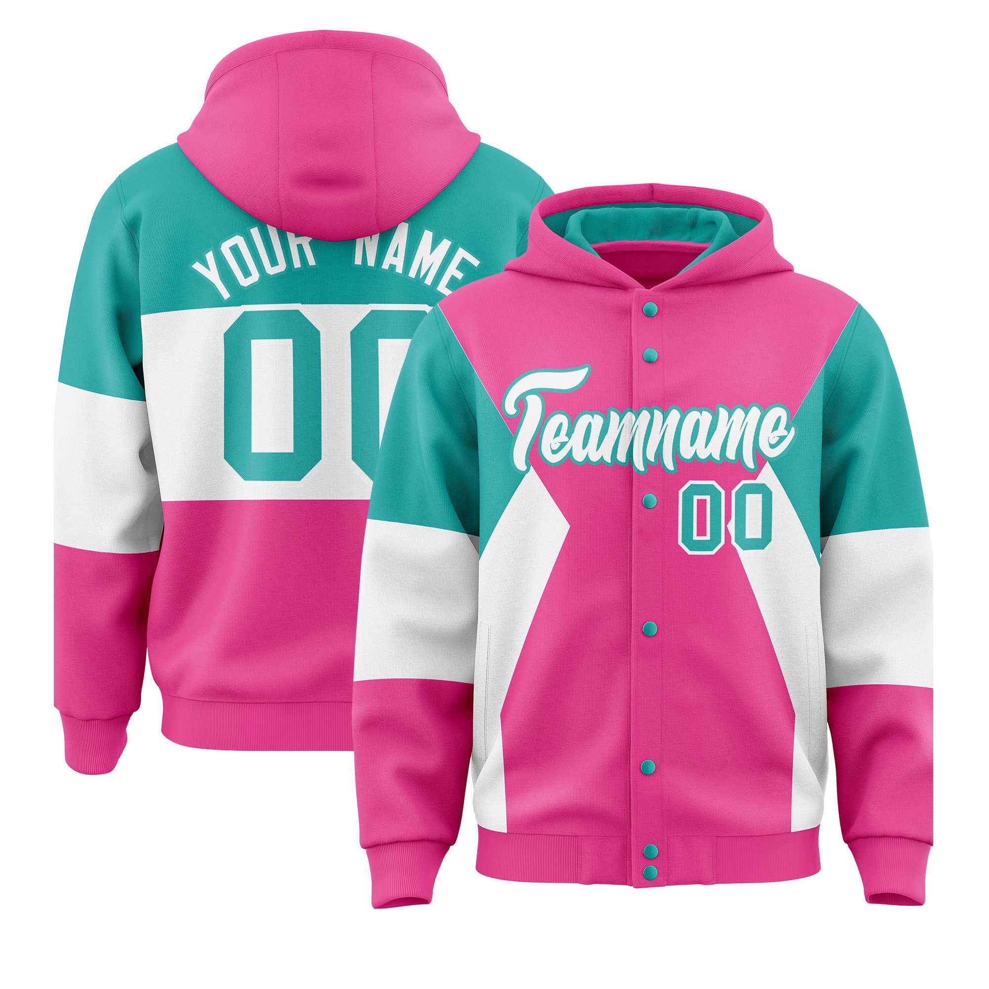 Custom Pink Aqua-White Color Block Varsity Full-Snap Letterman Hoodie Jacket