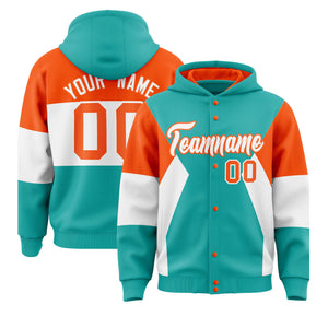 Custom Aqua Orange-White Color Block Varsity Full-Snap Letterman Hoodie Jacket