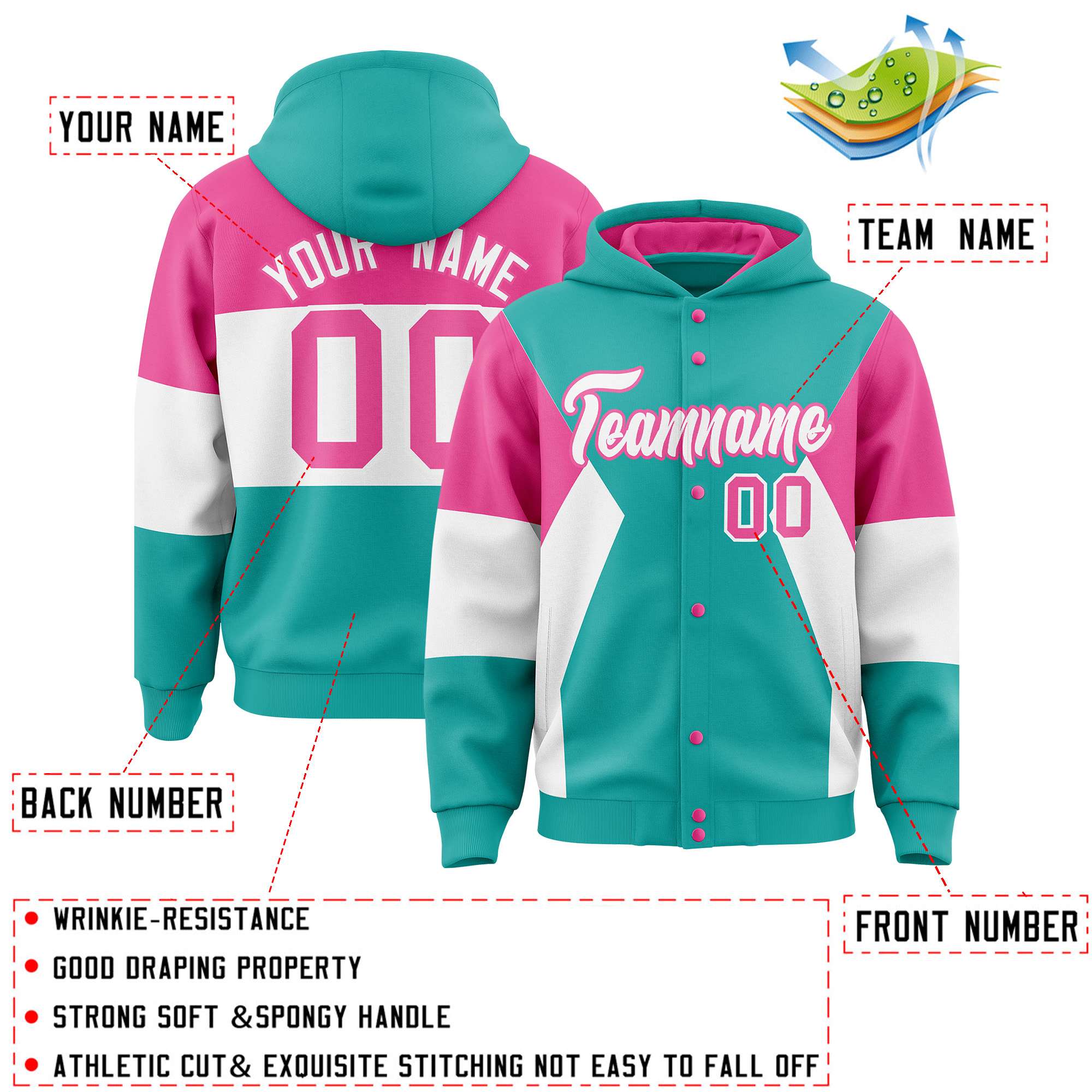 Custom Aqua Pink-White Color Block Varsity Full-Snap Letterman Hoodie Jacket