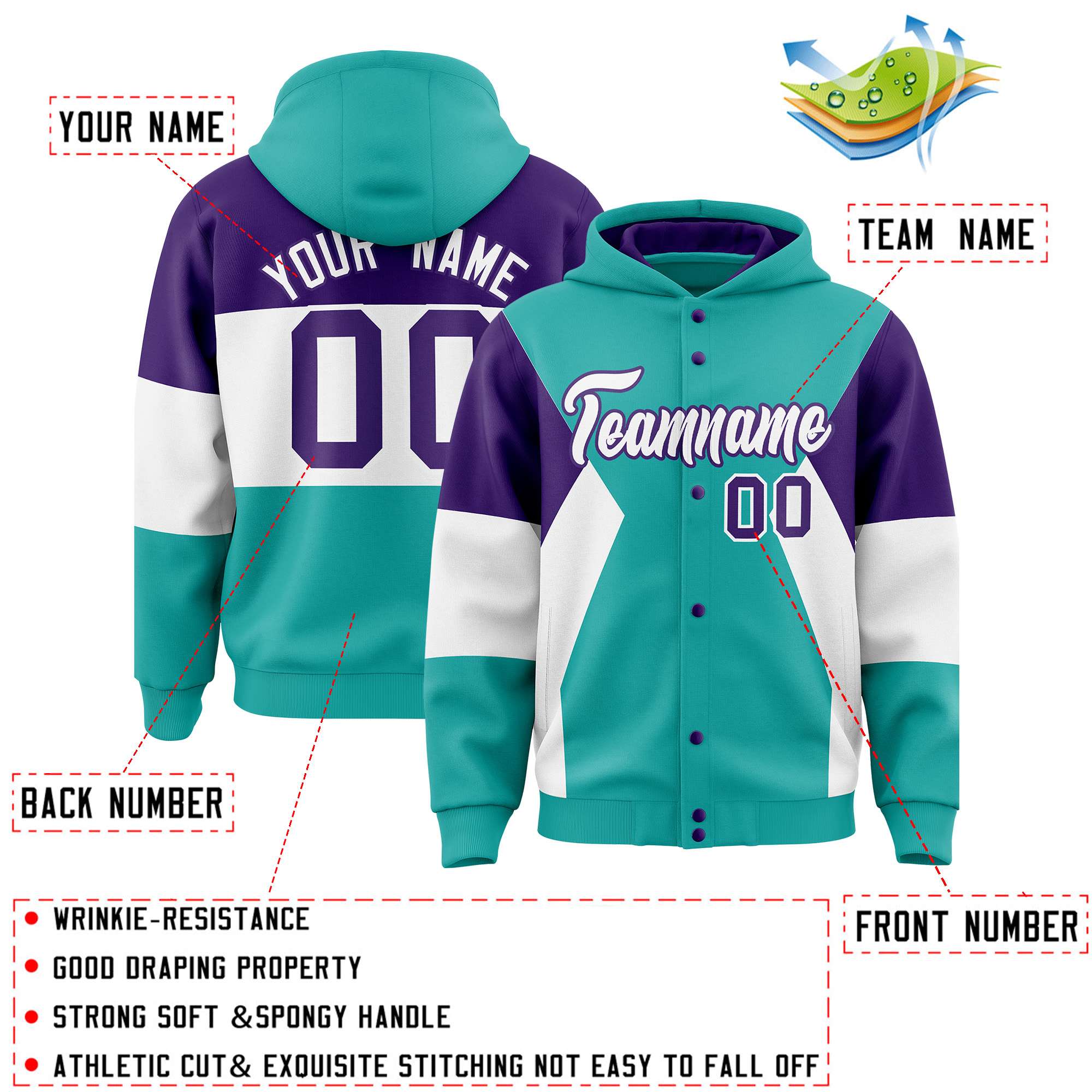 Custom Aqua Purple-White Color Block Varsity Full-Snap Letterman Hoodie Jacket