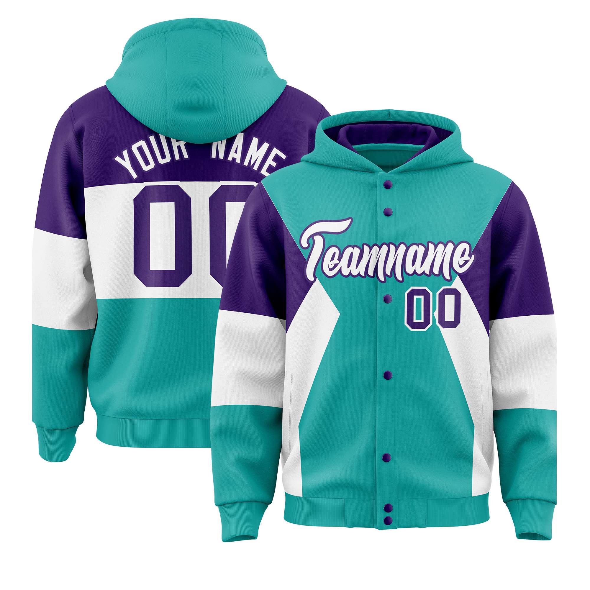 Custom Aqua Purple-White Color Block Varsity Full-Snap Letterman Hoodie Jacket