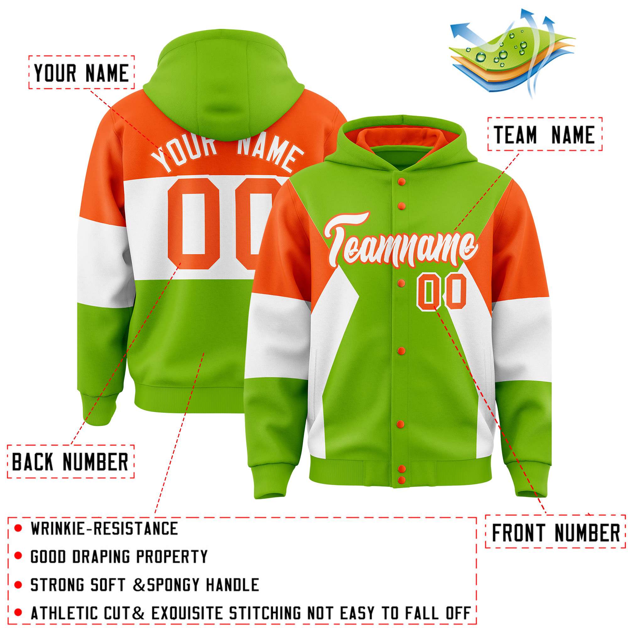 Custom Neon Green Orange-White Color Block Varsity Full-Snap Letterman Hoodie Jacket