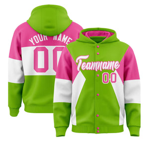 Custom Neon Green Pink-White Color Block Varsity Full-Snap Letterman Hoodie Jacket