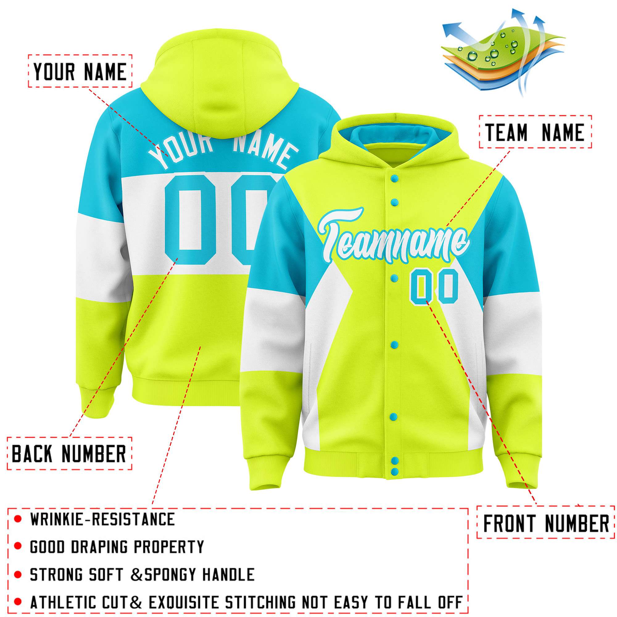 Custom Fluorescent Green Sky Blue-White Color Block Varsity Full-Snap Letterman Hoodie Jacket