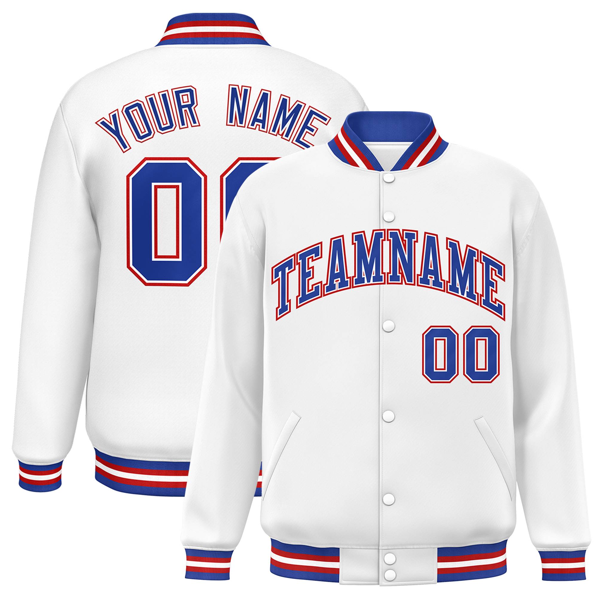 Custom White Royal-Red Letterman Two Tone Classic Style Varsity Full-Snap Jacket