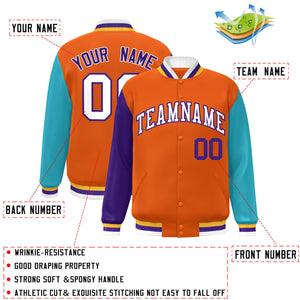 Veste de baseball Letterman personnalisée à manches raglan orange violet-aqua Varsity