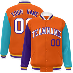 Veste de baseball Letterman personnalisée à manches raglan orange violet-aqua Varsity