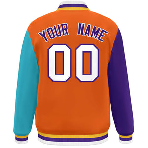 Veste de baseball Letterman personnalisée à manches raglan orange violet-aqua Varsity