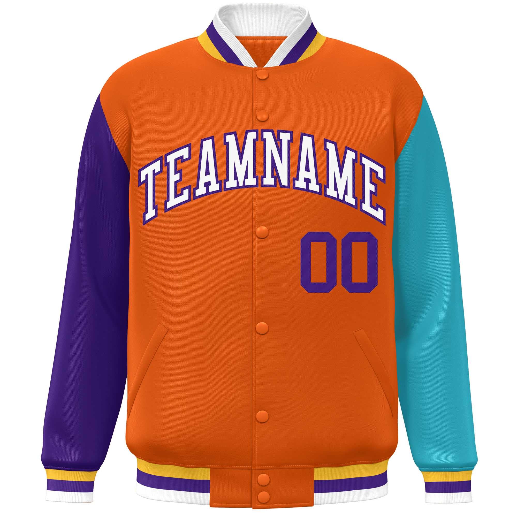 Custom Orange Purple-Aqua Varsity Full-Snap Raglan Sleeves Letterman Baseball Jacket