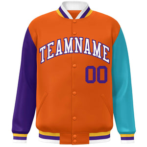 Veste de baseball Letterman personnalisée à manches raglan orange violet-aqua Varsity