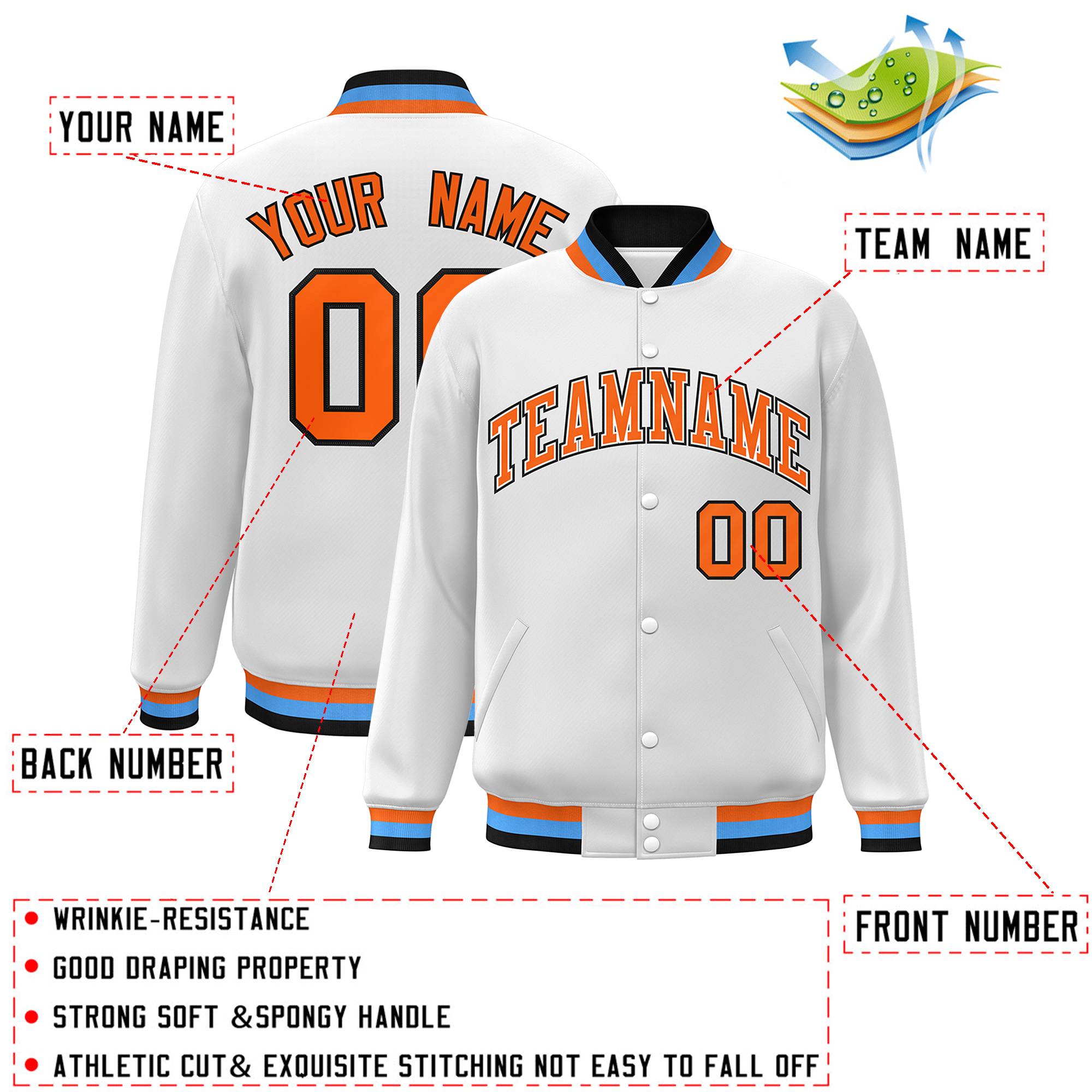 Custom White Orange-White Classic Style Varsity Full-Snap Letterman Jacket