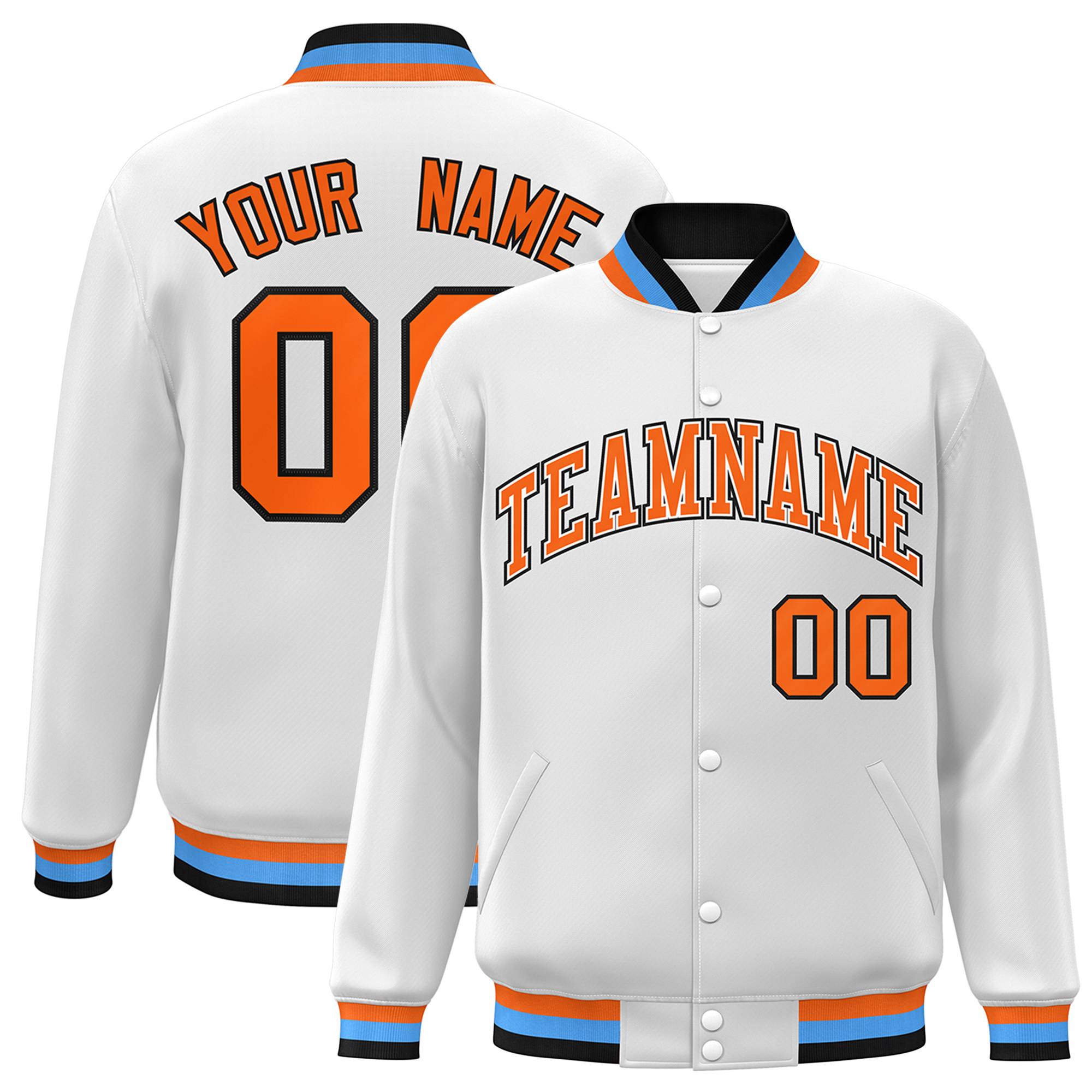 Custom White Orange-White Classic Style Varsity Full-Snap Letterman Jacket