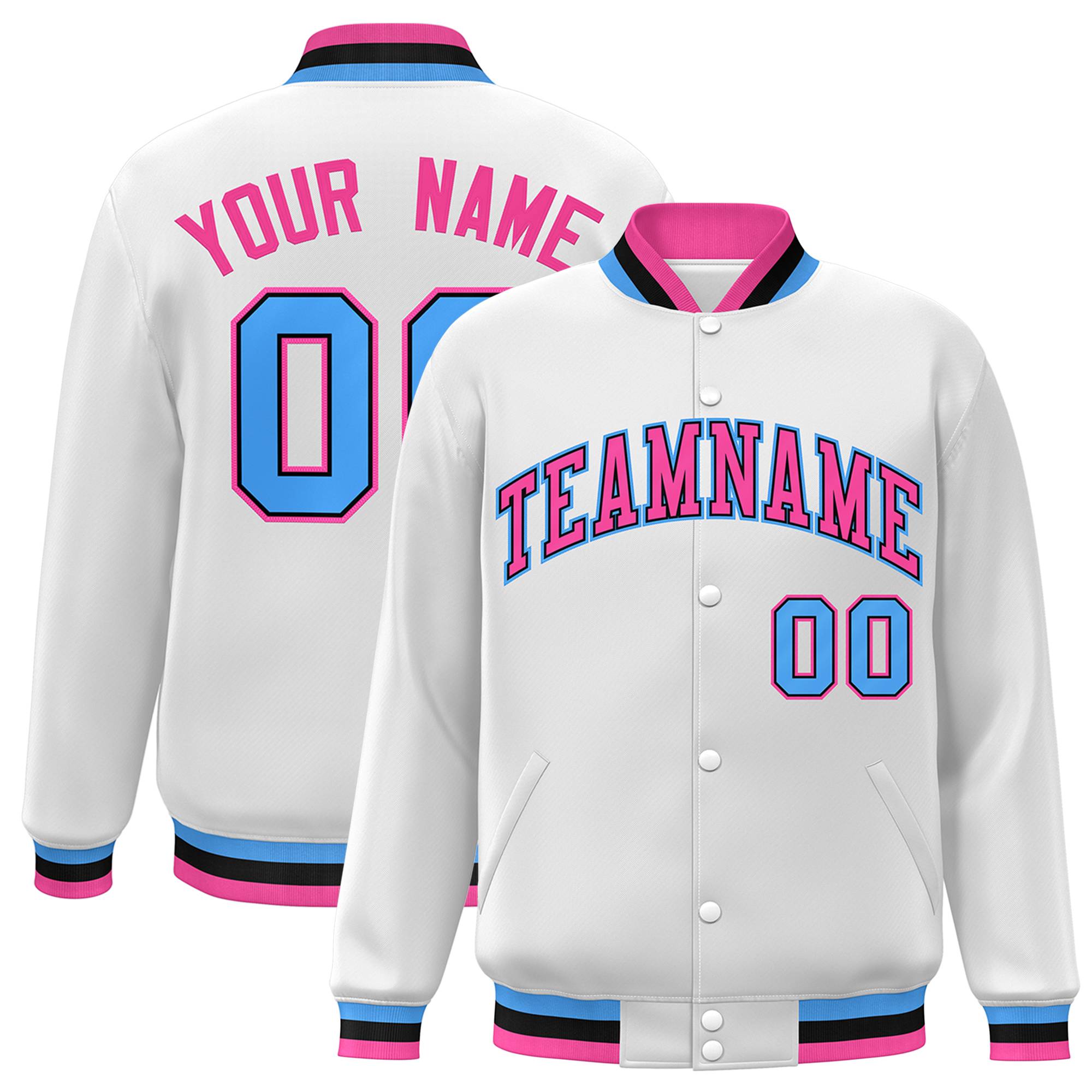 Custom White Pink-Black Classic Style Varsity Full-Snap Letterman Jacket