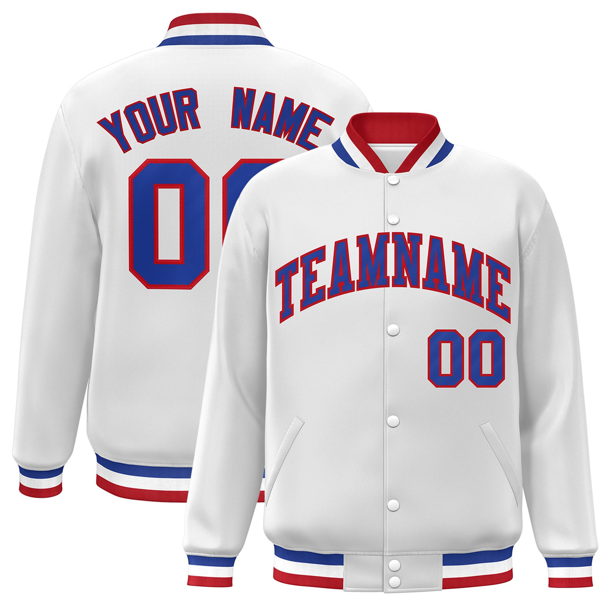 Custom White Royal-Red Classic Style Varsity Full-Snap Letterman Jacket