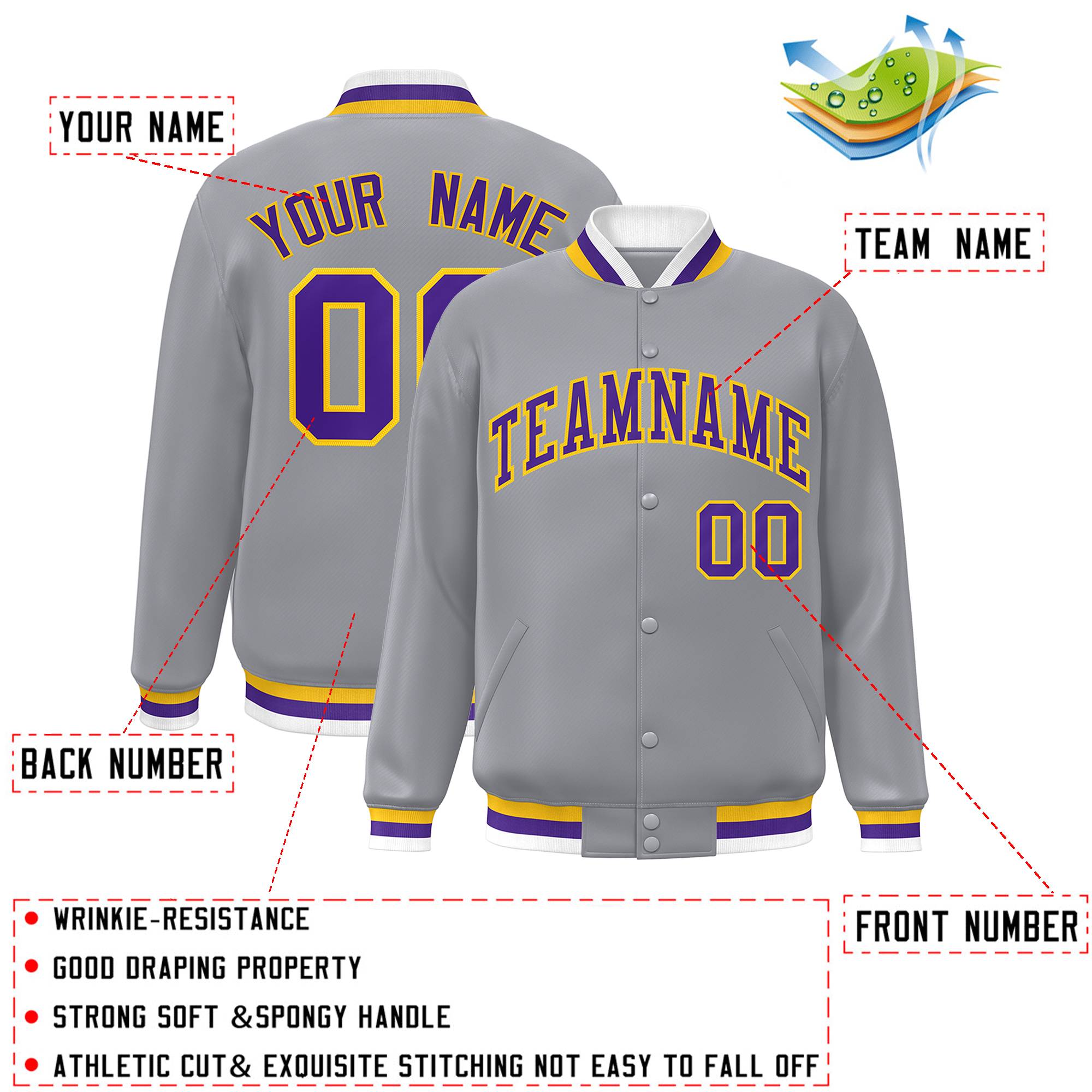 Custom Gray Purple-Gold Classic Style Varsity Full-Snap Letterman Jacket